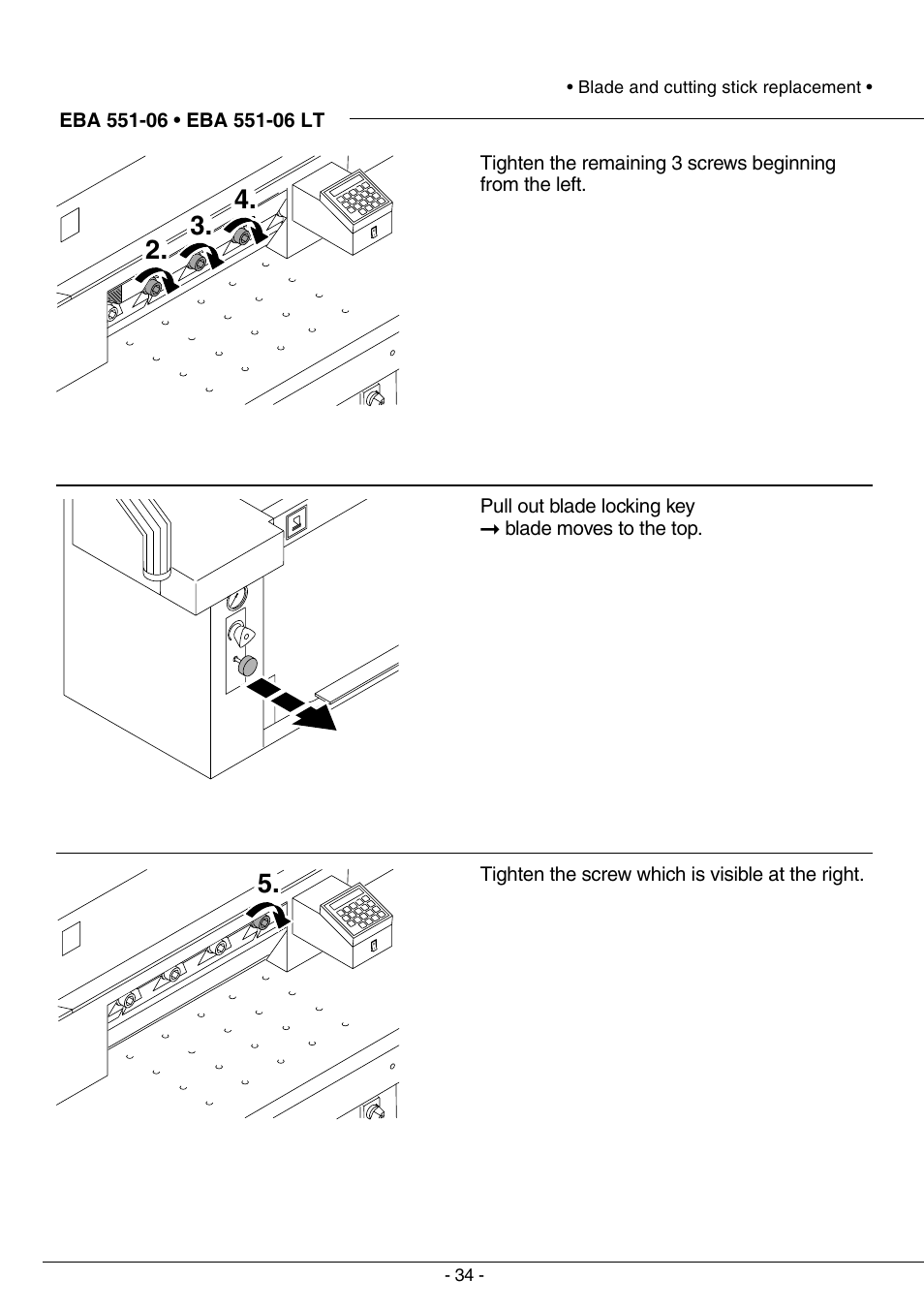 Blade and cutting stick replacement | MBM Corporation TRIUMPH 5551-06 EP (99 STEP MODULE) User Manual | Page 34 / 48