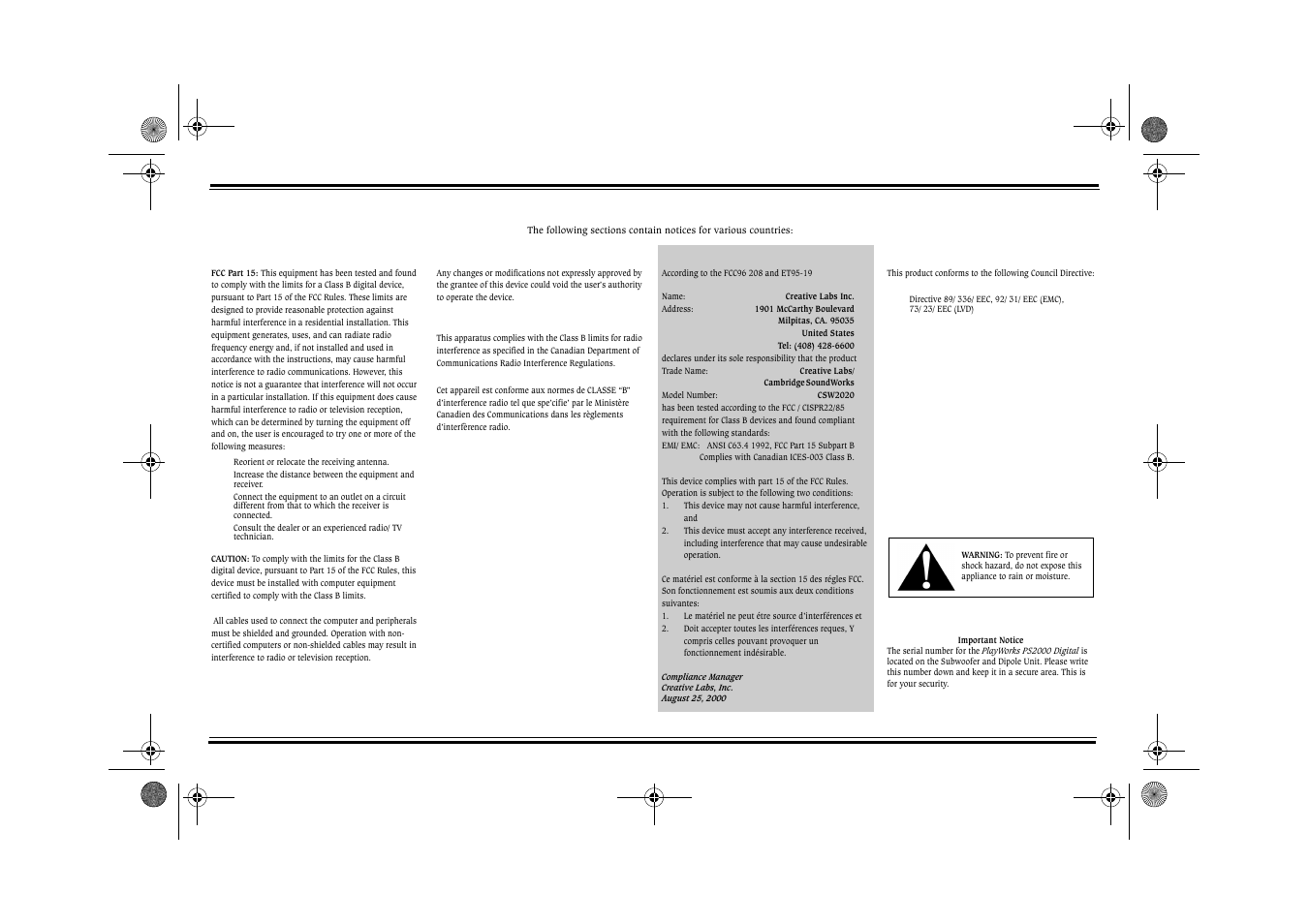 Safety & regulatory information, Notice for the usa, Modifications | Notice for canada, Declaration of conformity, Compliance | Cambridge SoundWorks PS2000 User Manual | Page 2 / 19