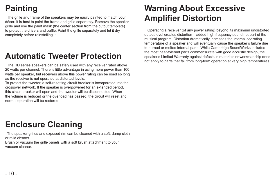 Painting, Automatic tweeter protection, Enclosure cleaning | Warning about excessive amplifier distortion | Cambridge SoundWorks MC650-IW User Manual | Page 10 / 14