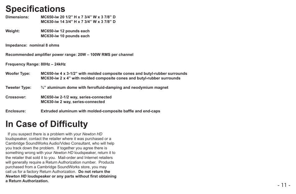 Specifications | Cambridge SoundWorks MC650-IW User Manual | Page 11 / 14