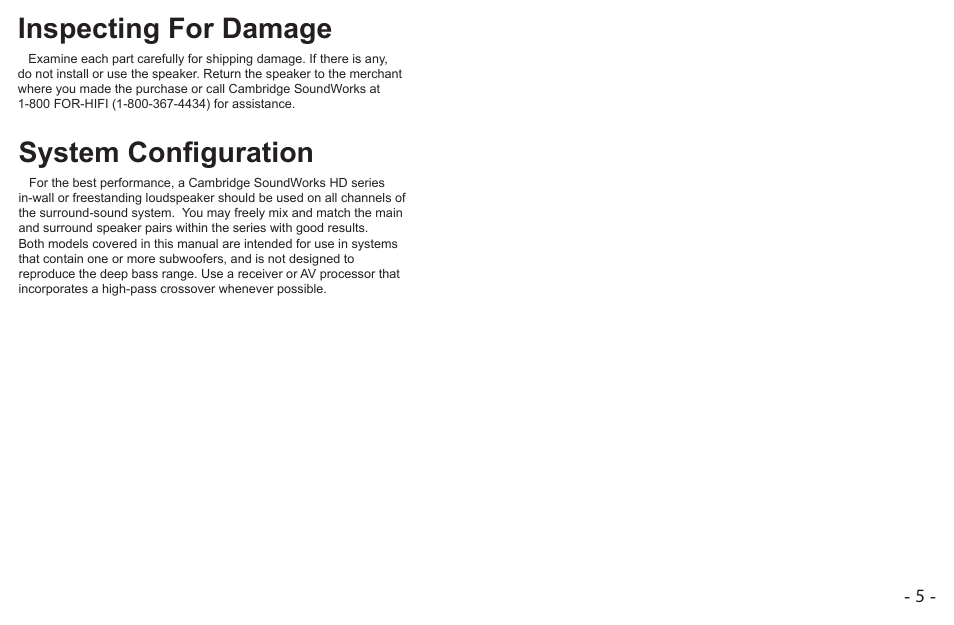 Inspecting for damage, System configuration | Cambridge SoundWorks MC650-IW User Manual | Page 5 / 14
