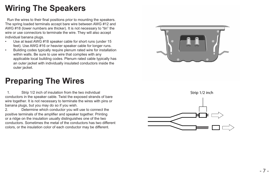 Wiring the speakers, Preparing the wires | Cambridge SoundWorks MC650-IW User Manual | Page 7 / 14