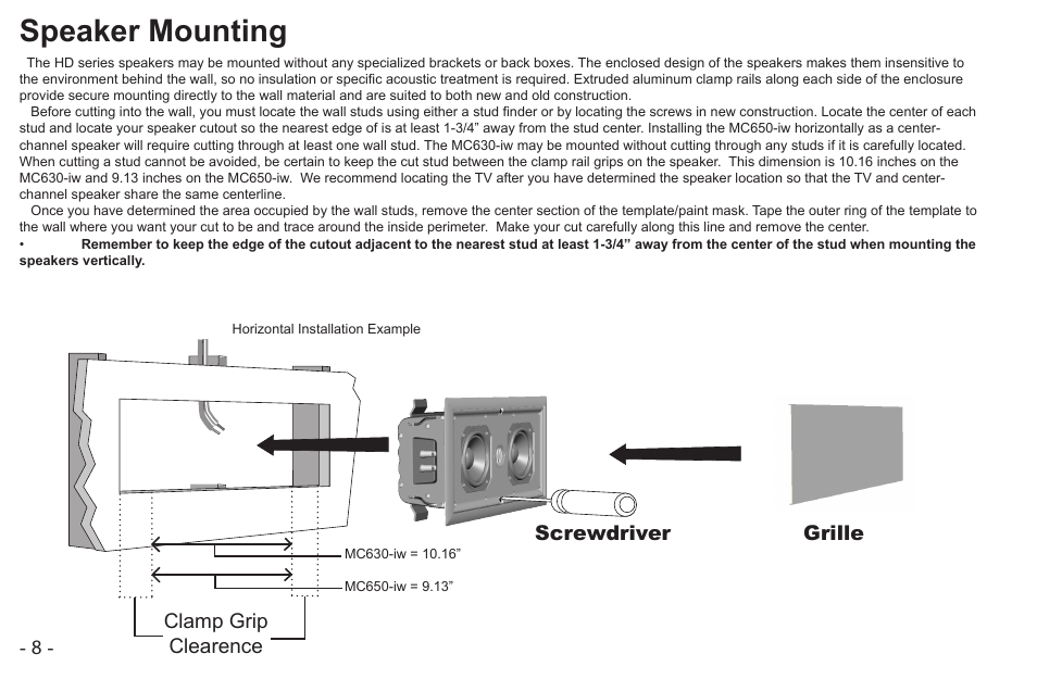 Speaker mounting, Screwdriver grille clamp grip clearence | Cambridge SoundWorks MC650-IW User Manual | Page 8 / 14