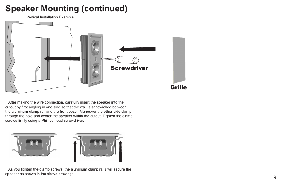 Speaker mounting (continued), Screwdriver grille | Cambridge SoundWorks MC650-IW User Manual | Page 9 / 14