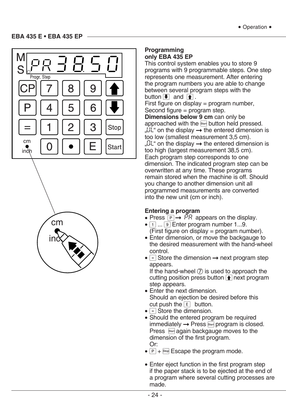 Cm inch | MBM Corporation EBA 435 E User Manual | Page 24 / 48