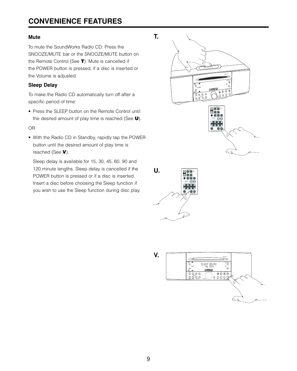 Mute, Sleep timer, Convenience features | T. u. v, Sleep delay, Tap to set press & hold to adjust, Wakeup time adjust, Fm 1/2 cd info cd mode repeat, Stereo, Wide mono | Cambridge SoundWorks 740 User Manual | Page 10 / 25