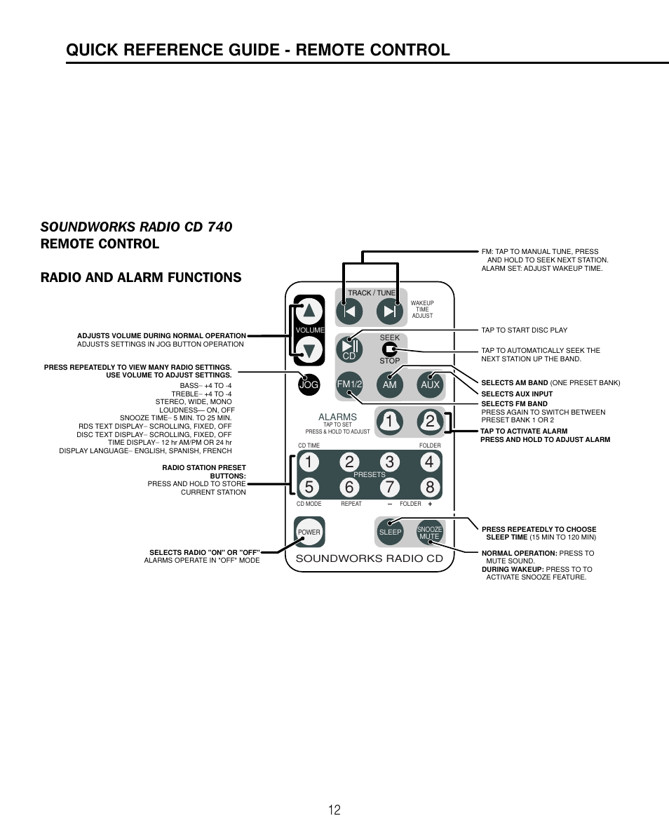Remote control, Radio & alarm functions, Quick reference guide - remote control | Cambridge SoundWorks 740 User Manual | Page 12 / 25