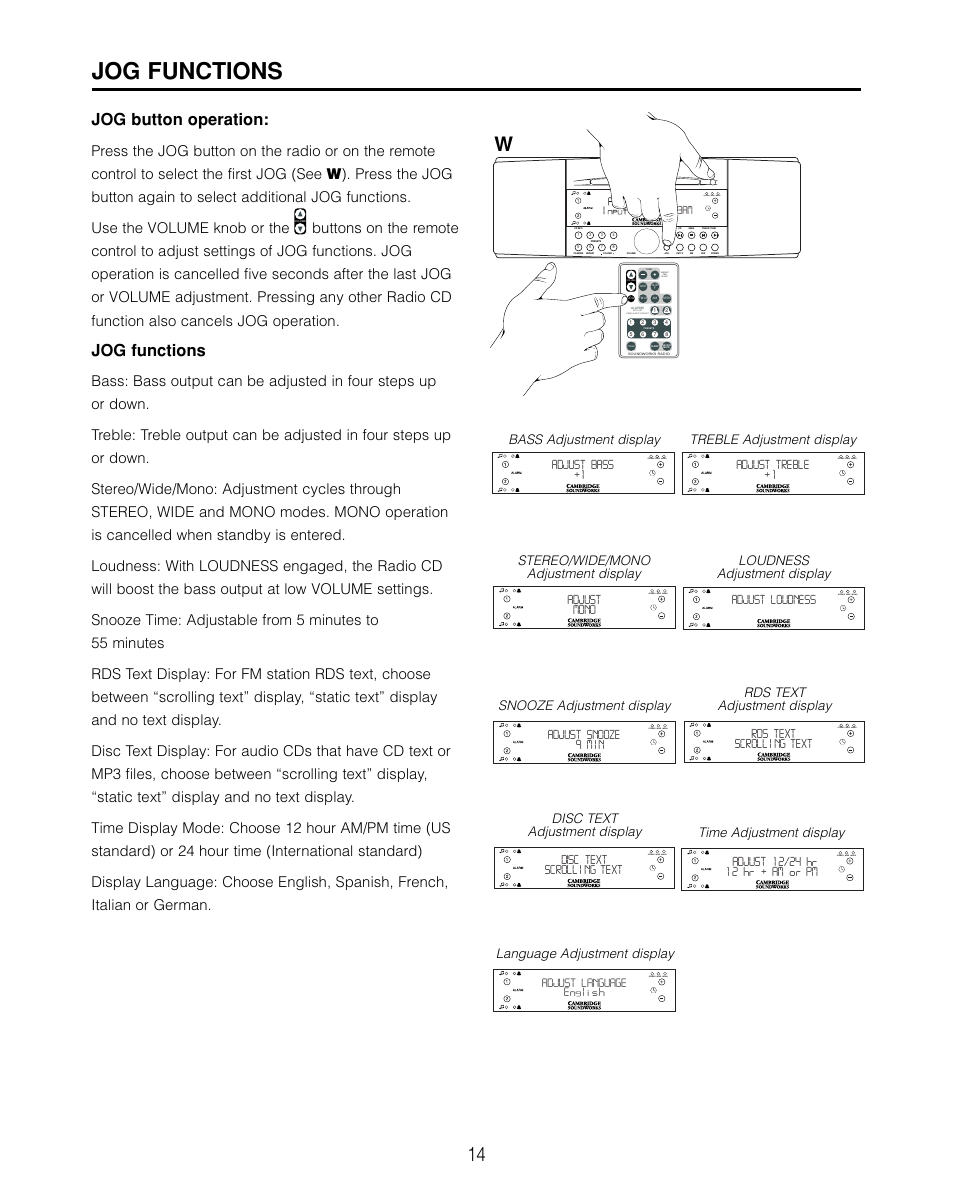 Jog button operation - audio settings & setup, Bass / treble, Stereo / wide / mono | Loudness, Rds display, Disc text scroll, 12 / 24h clock, Display language, Jog functions, Jog button operation | Cambridge SoundWorks 740 User Manual | Page 14 / 25