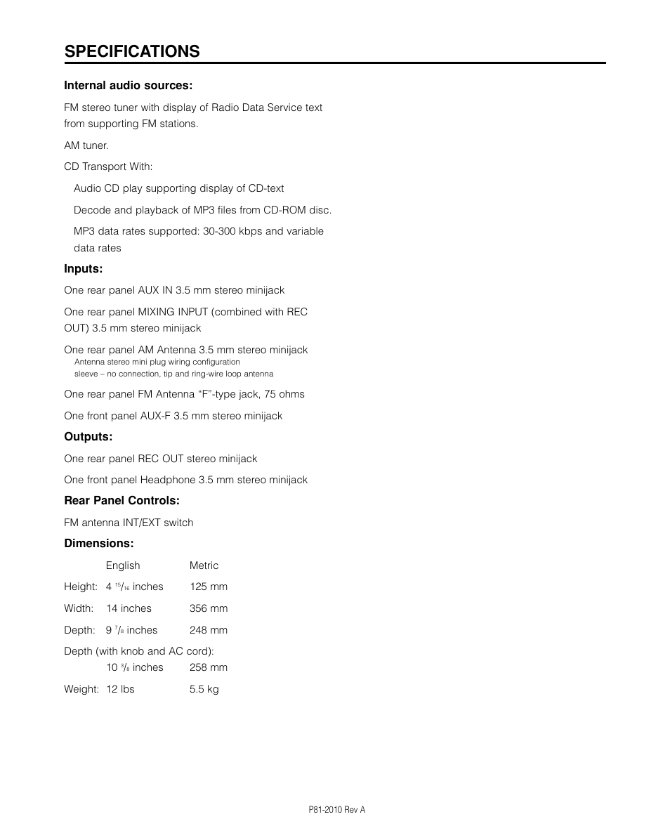 Specs, Specifications | Cambridge SoundWorks 740 User Manual | Page 22 / 25