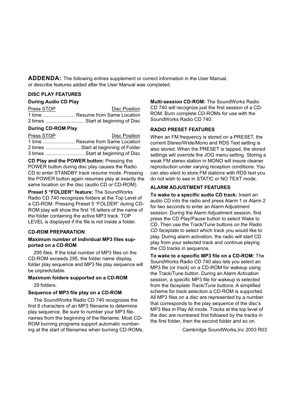 Addendum to manual | Cambridge SoundWorks 740 User Manual | Page 3 / 25