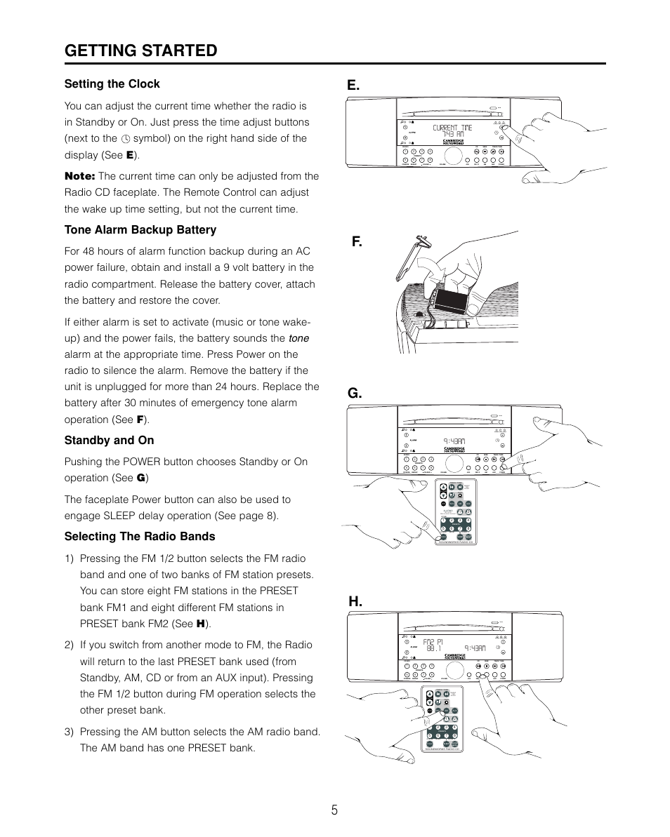 Clock set, Back-up battery, Power on / off | Tuner operation, Selecting tuner band, Getting started, G. h, E. f, Setting the clock, Tone alarm backup battery | Cambridge SoundWorks 740 User Manual | Page 6 / 25