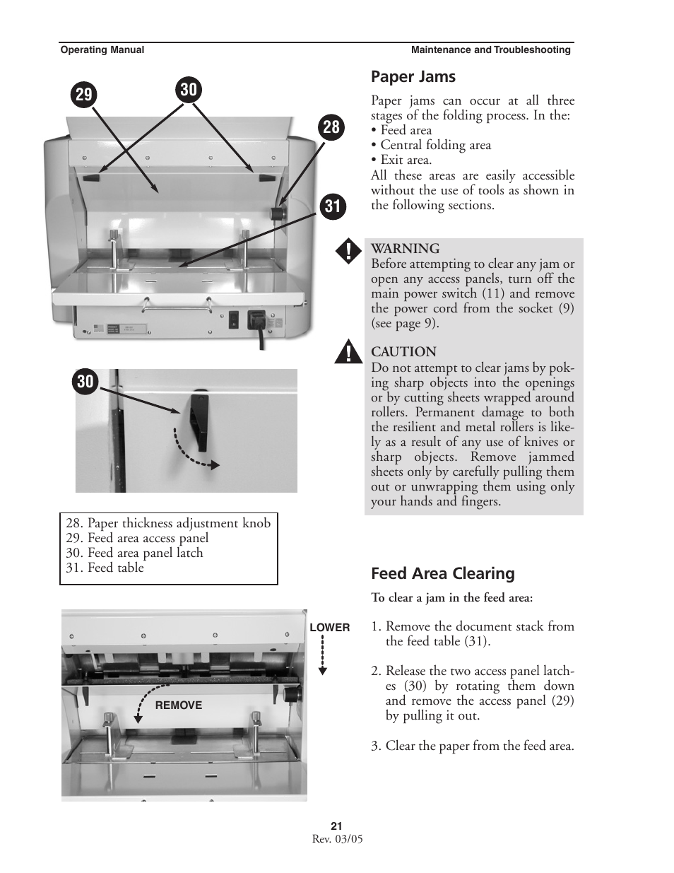 Paper jams, Feed area clearing | MBM Corporation MBM 256 LS Folder User Manual | Page 23 / 32