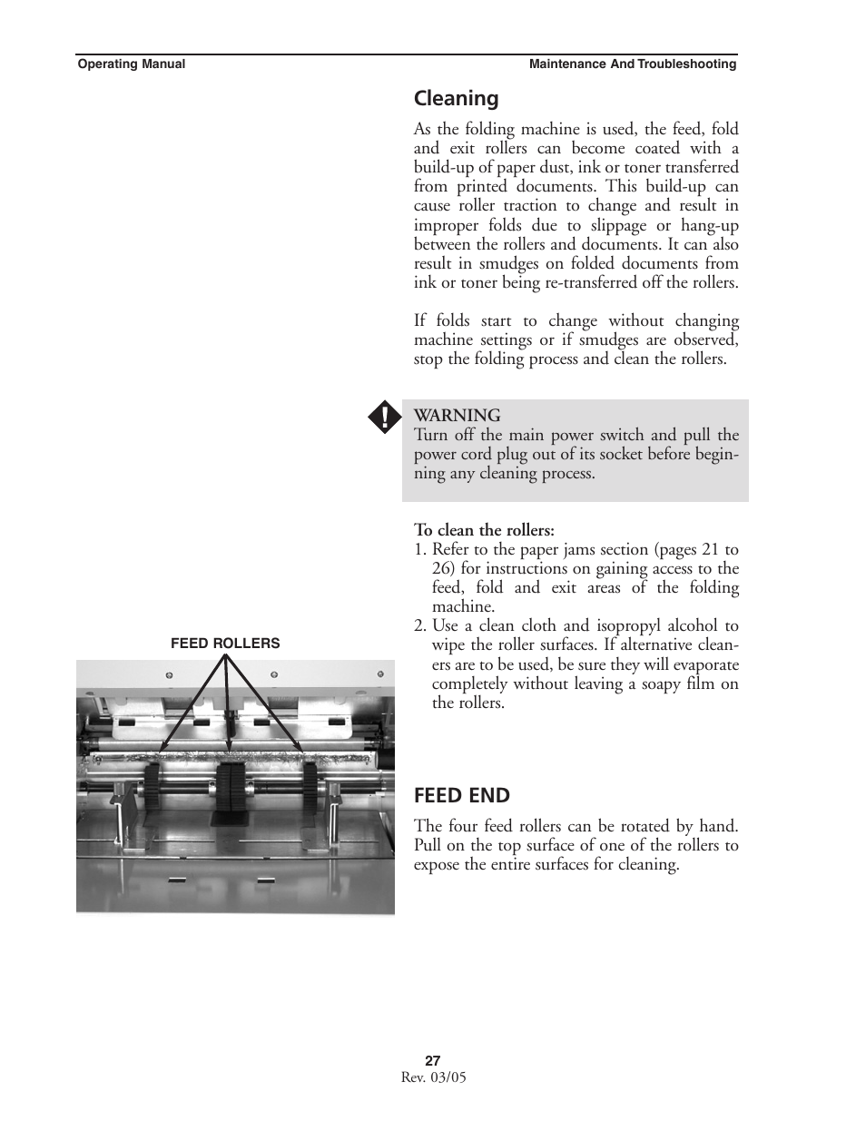 Cleaning, Feed end | MBM Corporation MBM 256 LS Folder User Manual | Page 29 / 32
