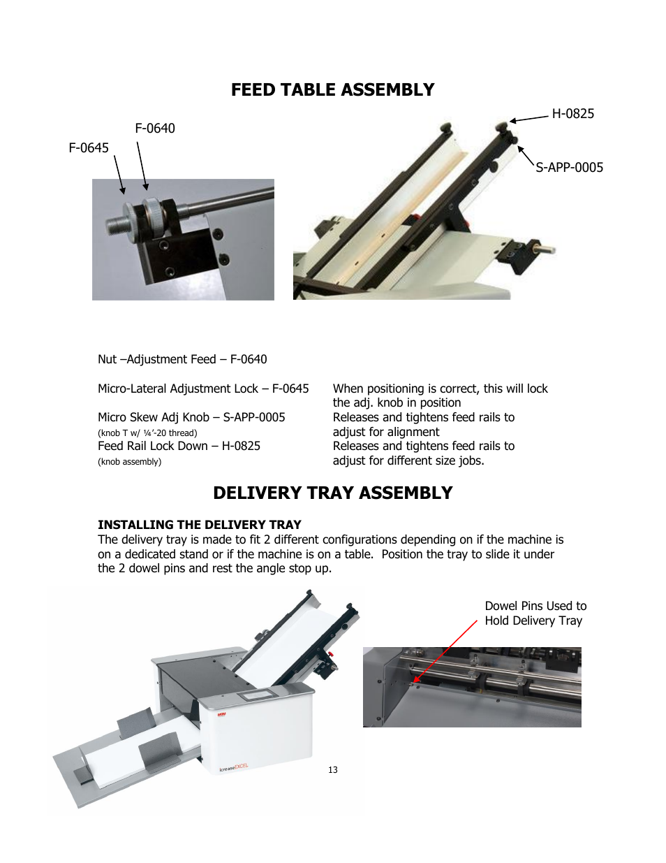 Feed table assembly, Delivery tray assembly | MBM Corporation iCREASE EXCEL User Manual | Page 16 / 26