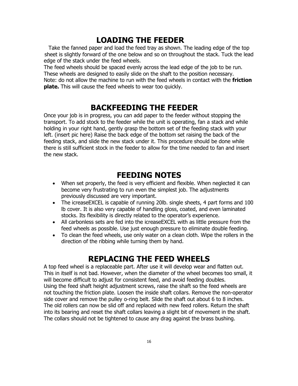 Loading the feeder, Backfeeding the feeder, Replacing the feed wheels | MBM Corporation iCREASE EXCEL User Manual | Page 19 / 26
