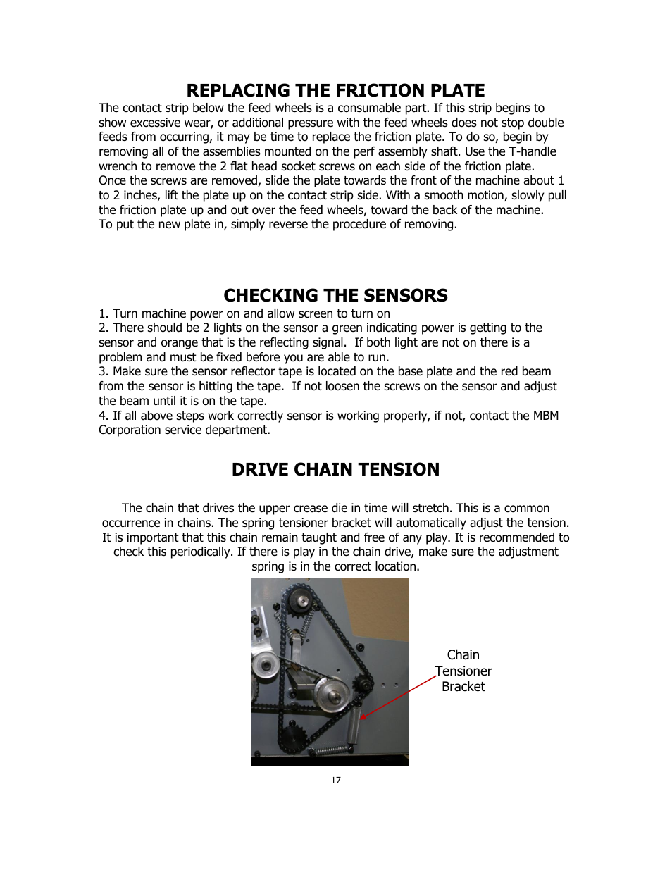 Replacing the friction plate, Checking the sensors, Drive chain tension | MBM Corporation iCREASE EXCEL User Manual | Page 20 / 26