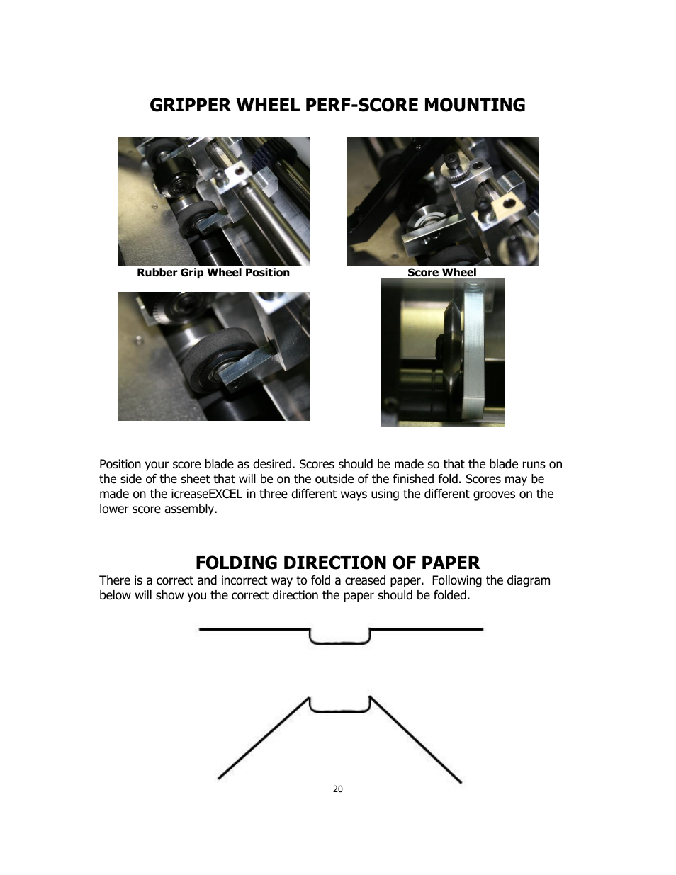 Gripper wheel perf-score mounting, Folding direction of paper | MBM Corporation iCREASE EXCEL User Manual | Page 23 / 26