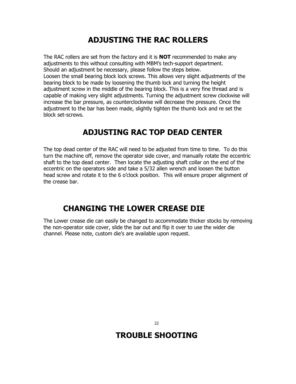 Adjusting the rac rollers, Adjusting rac top dead center, Changing the lower crease die | Trouble shooting | MBM Corporation iCREASE EXCEL User Manual | Page 25 / 26
