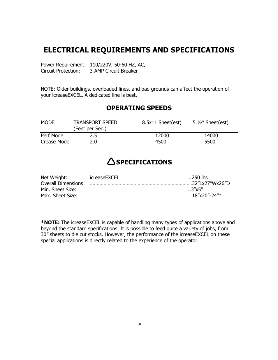 Electrical requirements and specifications, Operating speeds, Specifications | MBM Corporation iCREASE EXCEL User Manual | Page 3 / 26