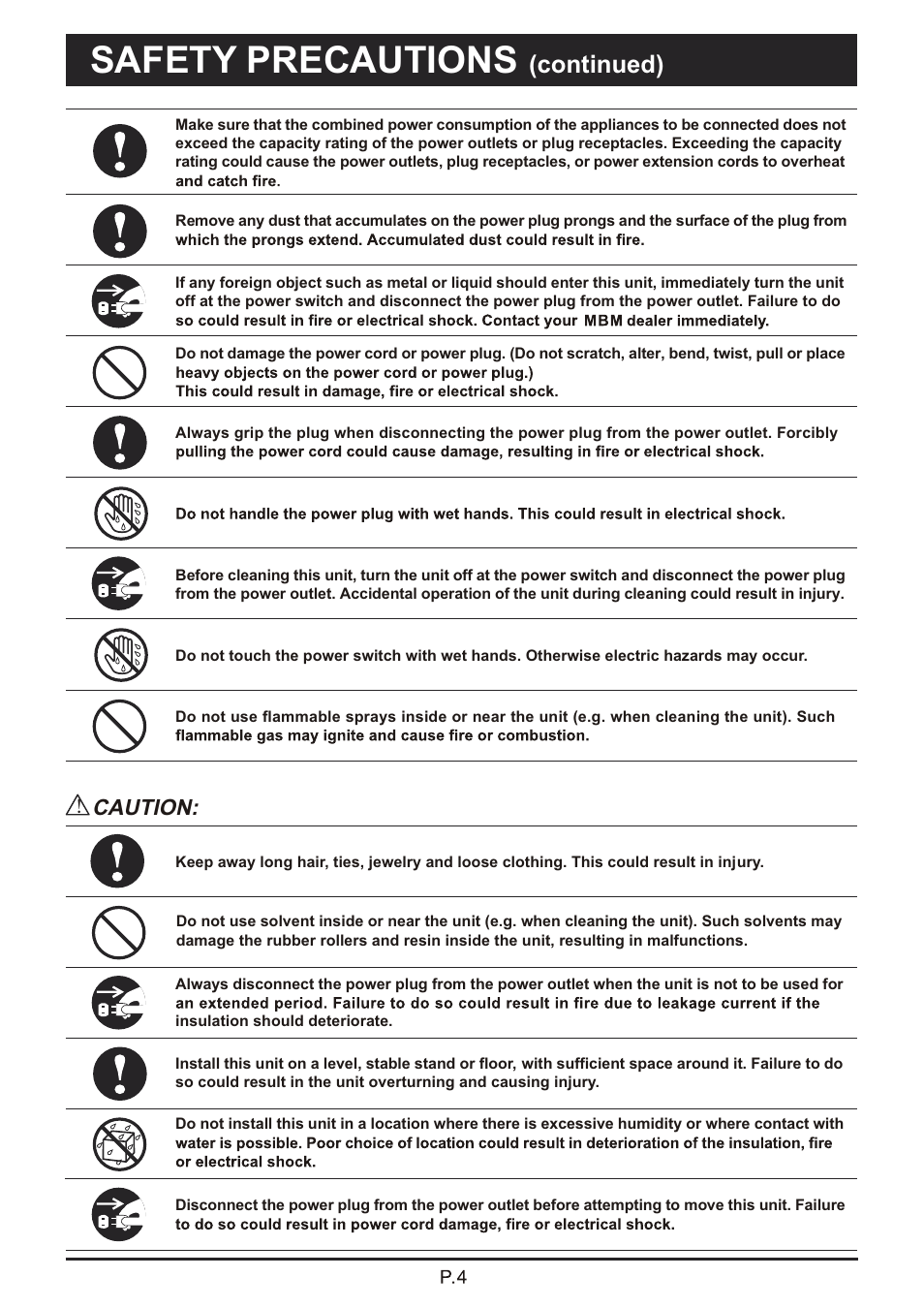頁面 5, Safety precautions, Continued) | Caution | MBM Corporation 87M User Manual | Page 5 / 20