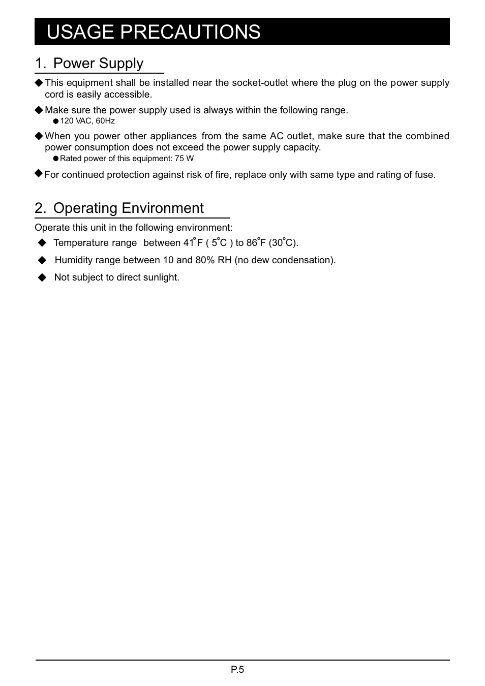 頁面 6, Usage precautions, Power supply | Operating environment | MBM Corporation 87M User Manual | Page 6 / 20