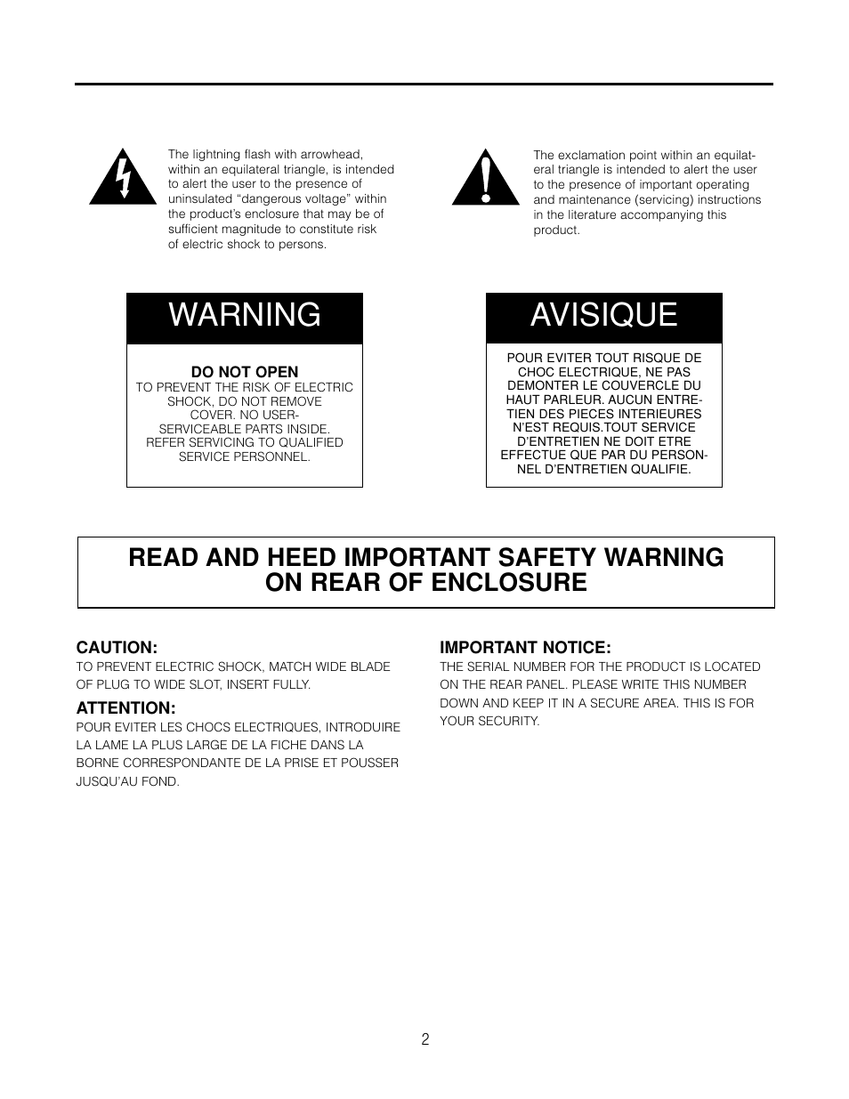 Warning, Avisique | Cambridge SoundWorks AVS550 User Manual | Page 2 / 40