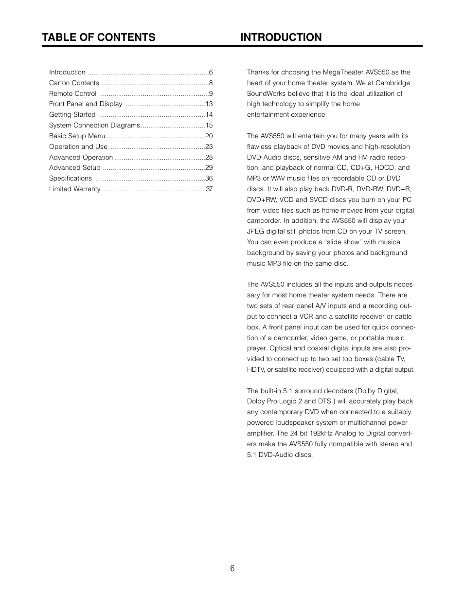 Table of contents introduction | Cambridge SoundWorks AVS550 User Manual | Page 6 / 40