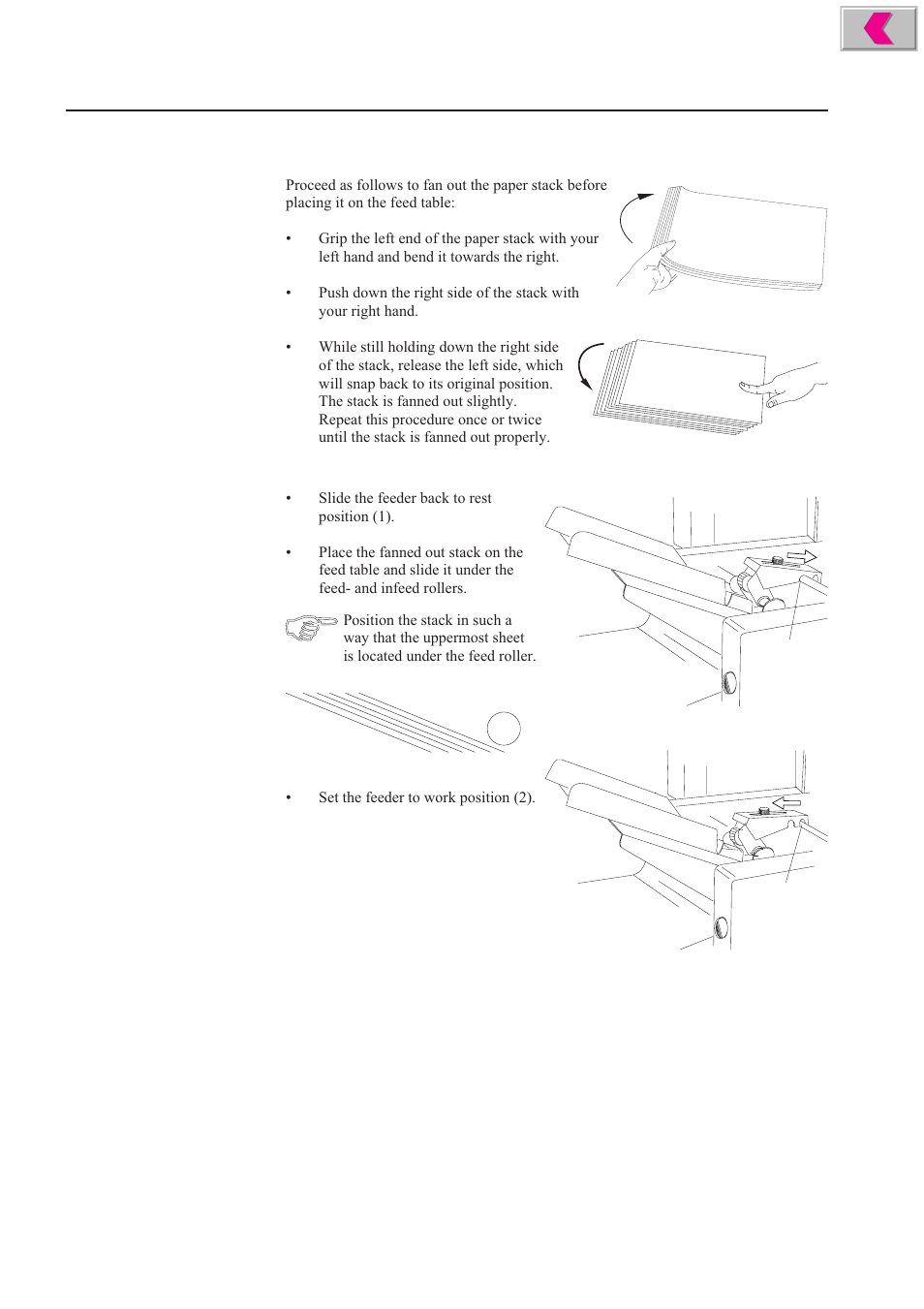 Fanning the paper stack, Loading the feed table | MBM Corporation 352S User Manual | Page 17 / 67