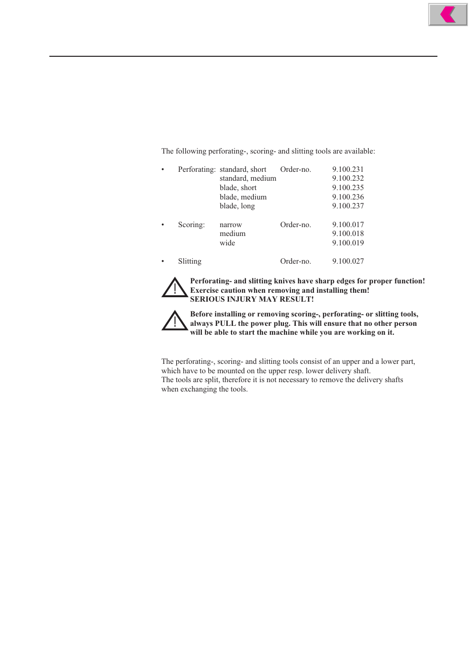 Perforating-, scoring- and slitting, Perforating-, scoring- and slitting tools | MBM Corporation 352S User Manual | Page 50 / 67