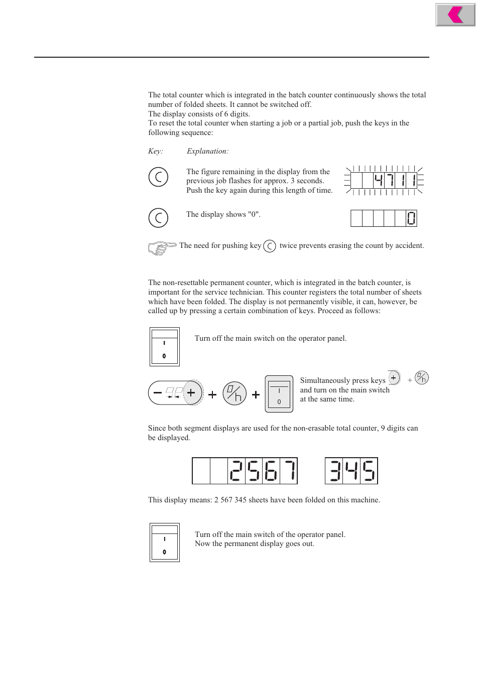 Total counter, Permanent counter | MBM Corporation 352S User Manual | Page 59 / 67