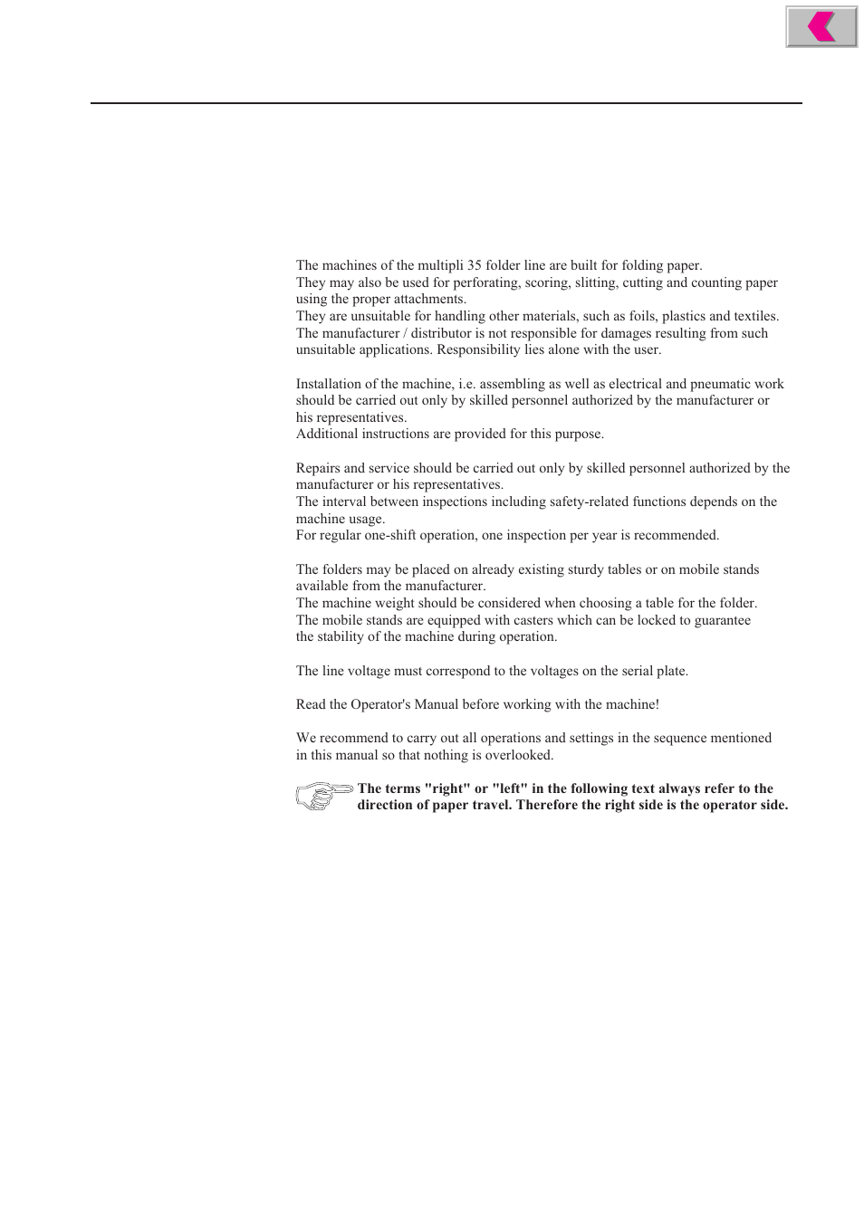 Proper handling of the machine | MBM Corporation 352S User Manual | Page 6 / 67