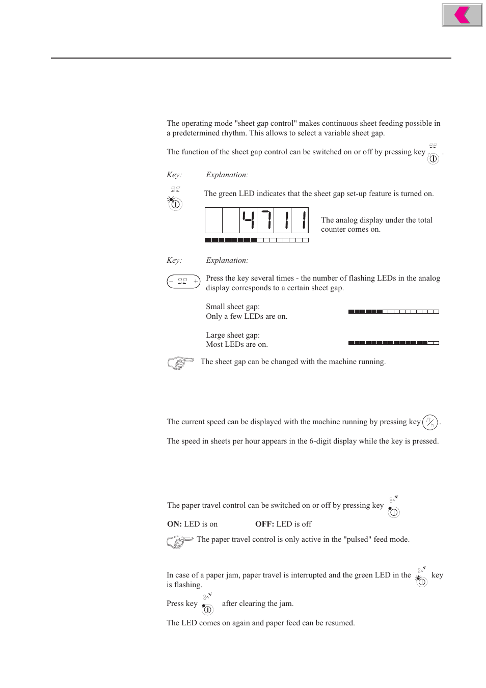Sheet gap control, Speed display, Paper travel control | MBM Corporation 352S User Manual | Page 62 / 67