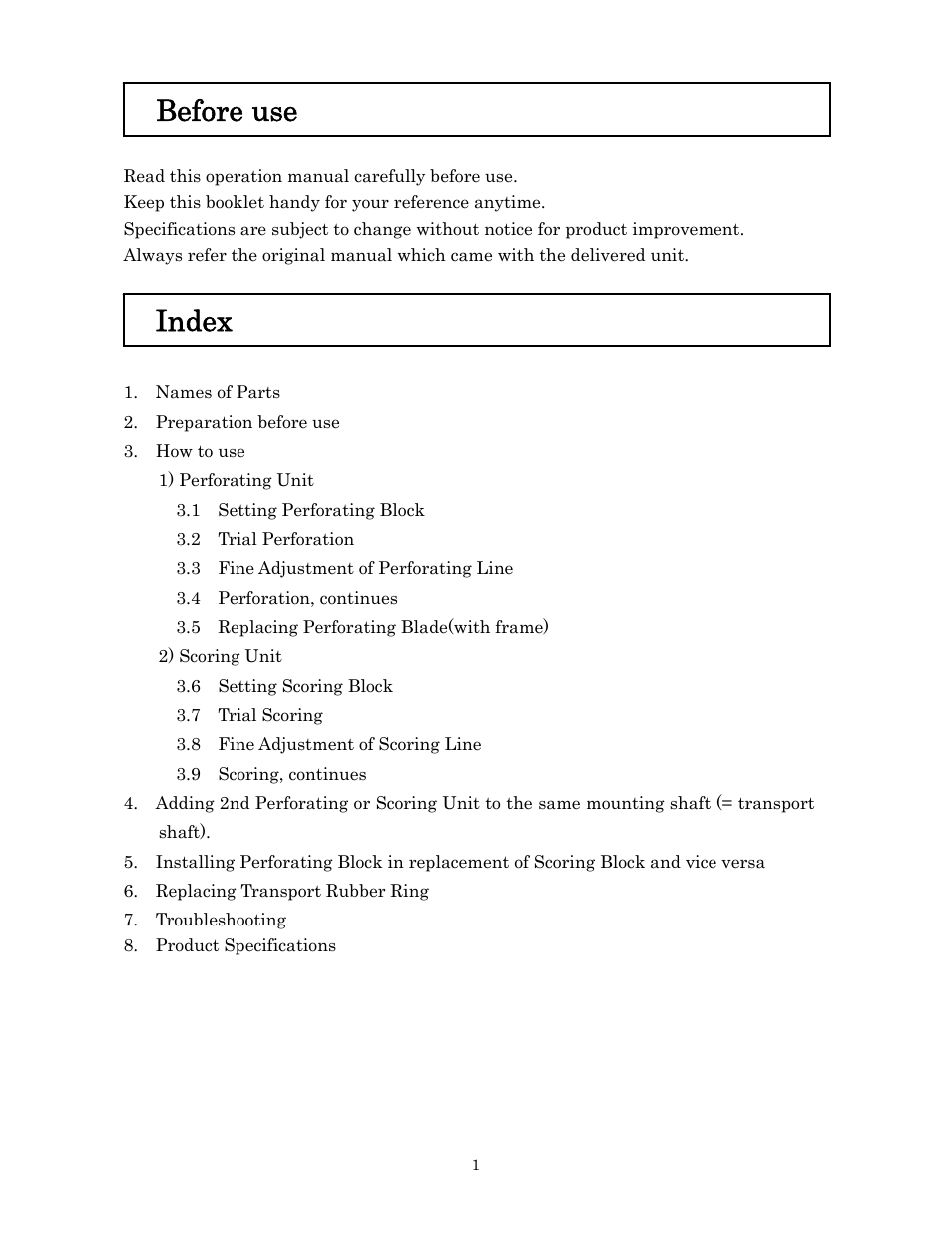 Before use, Index | MBM Corporation 307A (PERF & SCORING UNIT) User Manual | Page 2 / 21