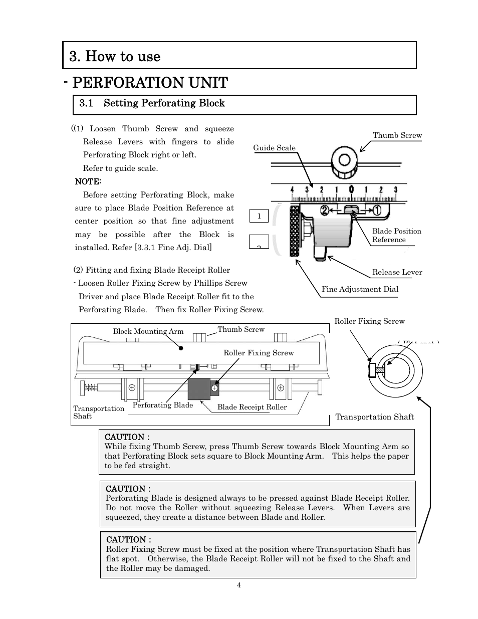 How to use, Perforation unit, 1 setting perforating block | MBM Corporation 307A (PERF & SCORING UNIT) User Manual | Page 5 / 21
