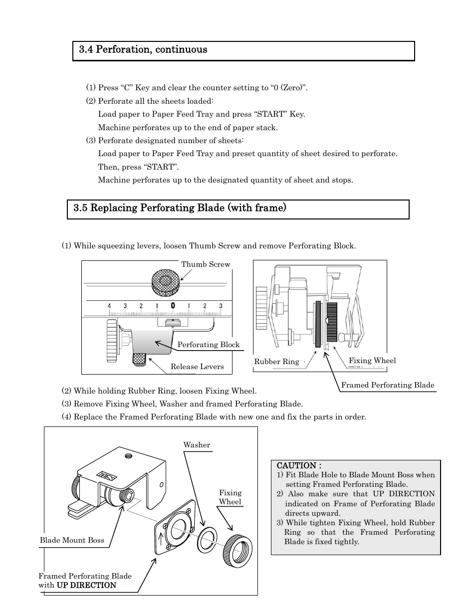 4 perforation, continuous, 5 replacing perforating blade (with frame) | MBM Corporation 307A (PERF & SCORING UNIT) User Manual | Page 9 / 21