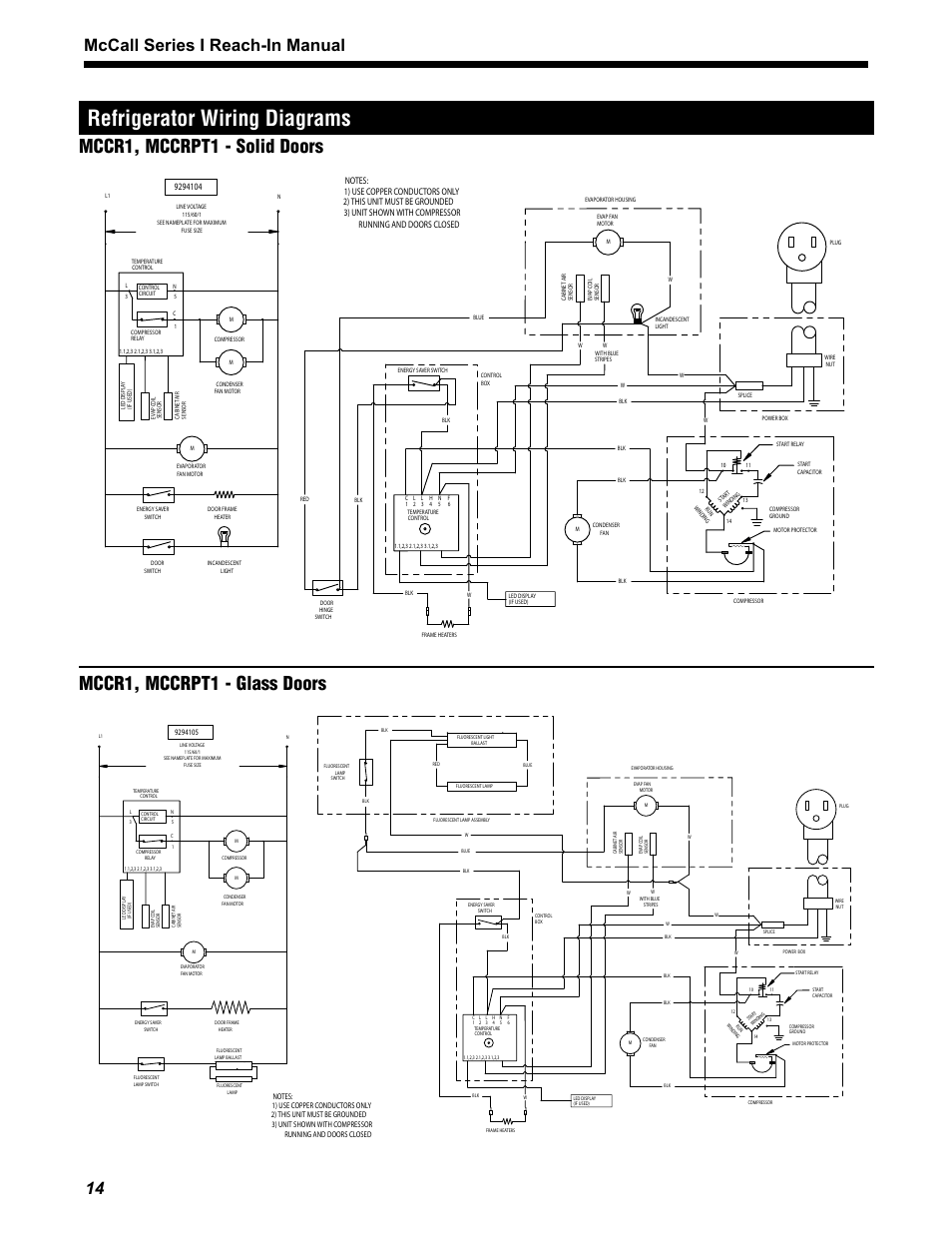 Refrigerator wiring diagrams, 1 mccall series i reach-in manual | McCall MCCR1-G User Manual | Page 14 / 28