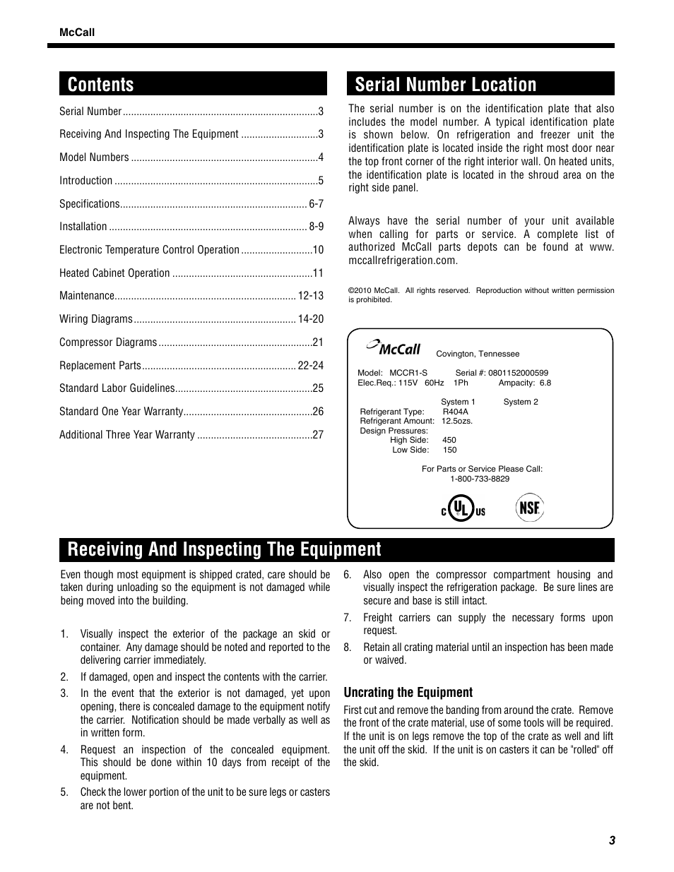 Contents serial number location, Receiving and inspecting the equipment, Uncrating the equipment | McCall MCCR1-G User Manual | Page 3 / 28