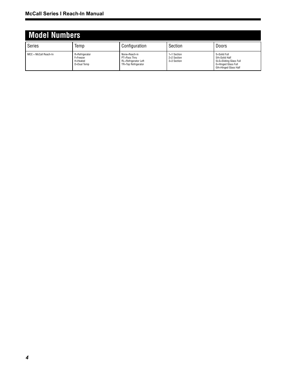 Model numbers, Mccall series i reach-in manual | McCall MCCR1-G User Manual | Page 4 / 28