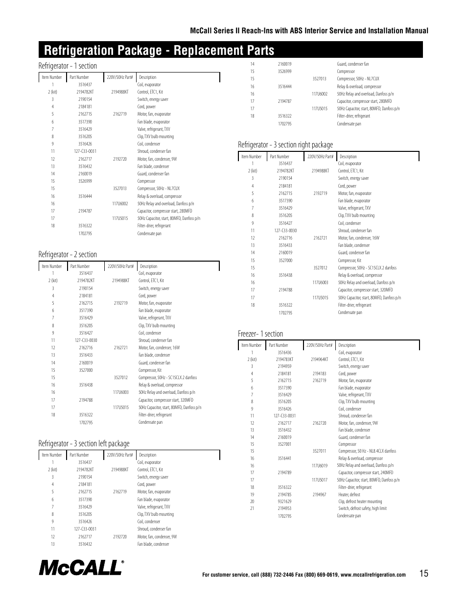 Refrigeration package - replacement parts | McCall Series II Reach-Ins with ABS Interior User Manual | Page 15 / 20