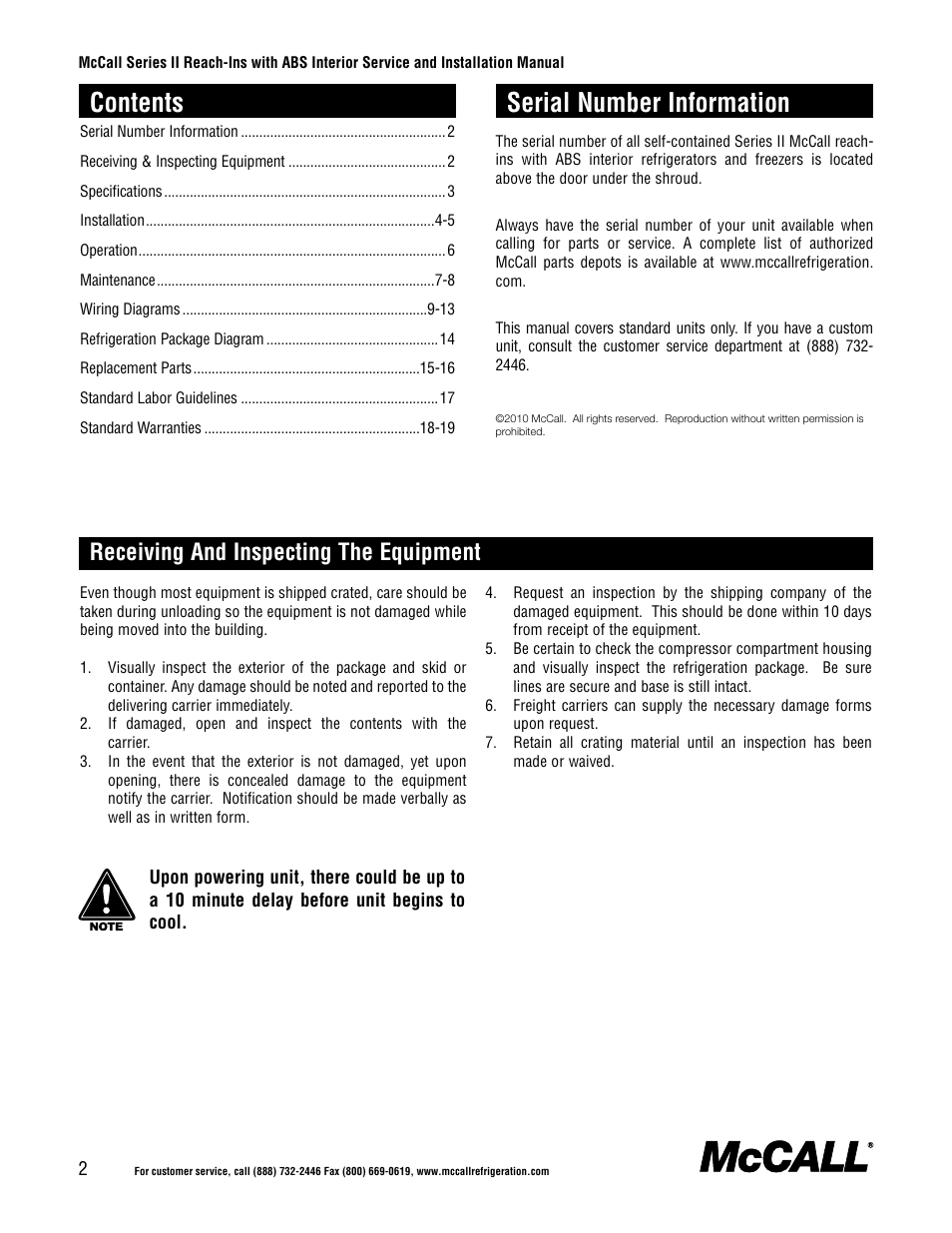 Contents serial number information, Receiving and inspecting the equipment | McCall Series II Reach-Ins with ABS Interior User Manual | Page 2 / 20