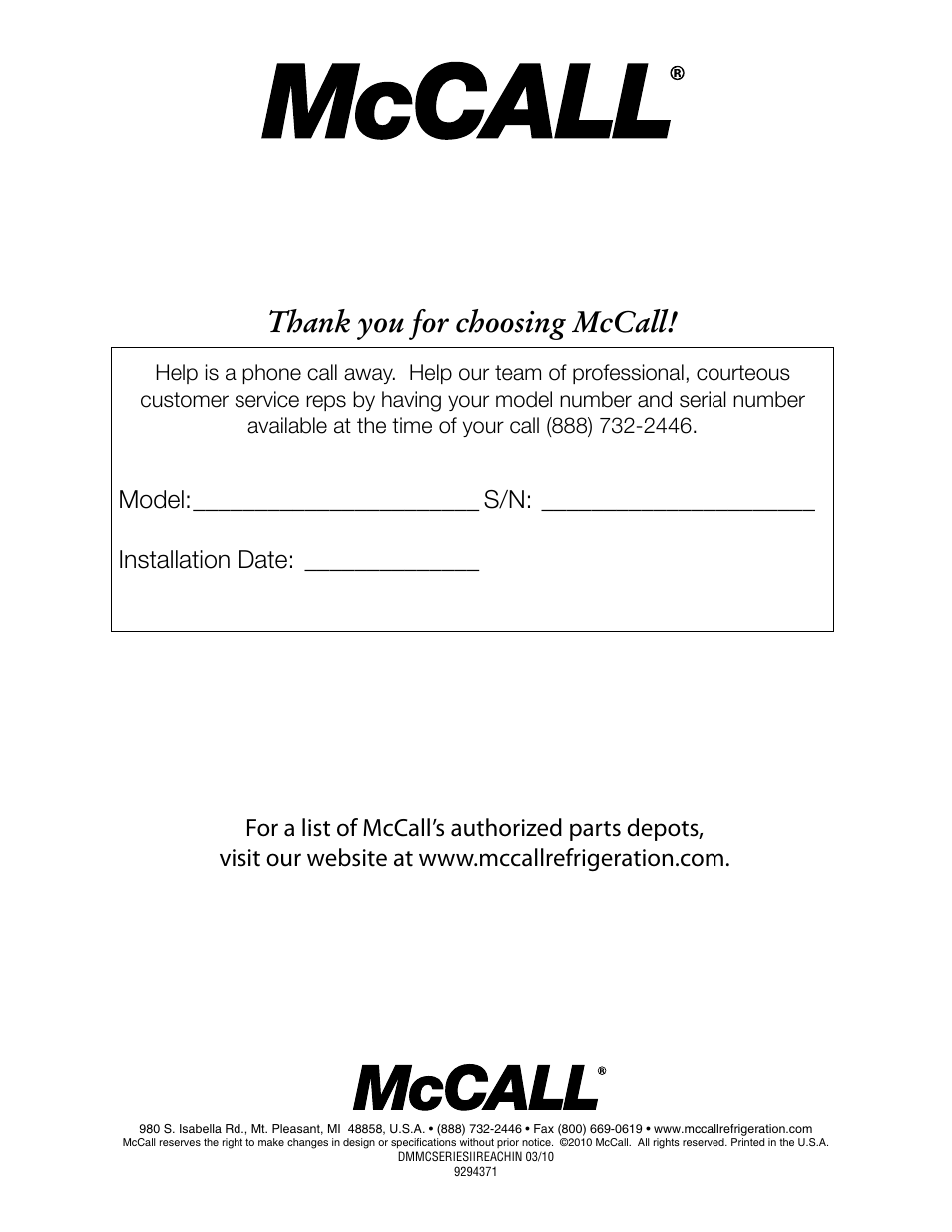 McCall Series II Reach-Ins with ABS Interior User Manual | Page 20 / 20