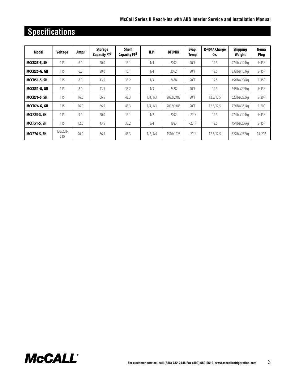 Specifications | McCall Series II Reach-Ins with ABS Interior User Manual | Page 3 / 20