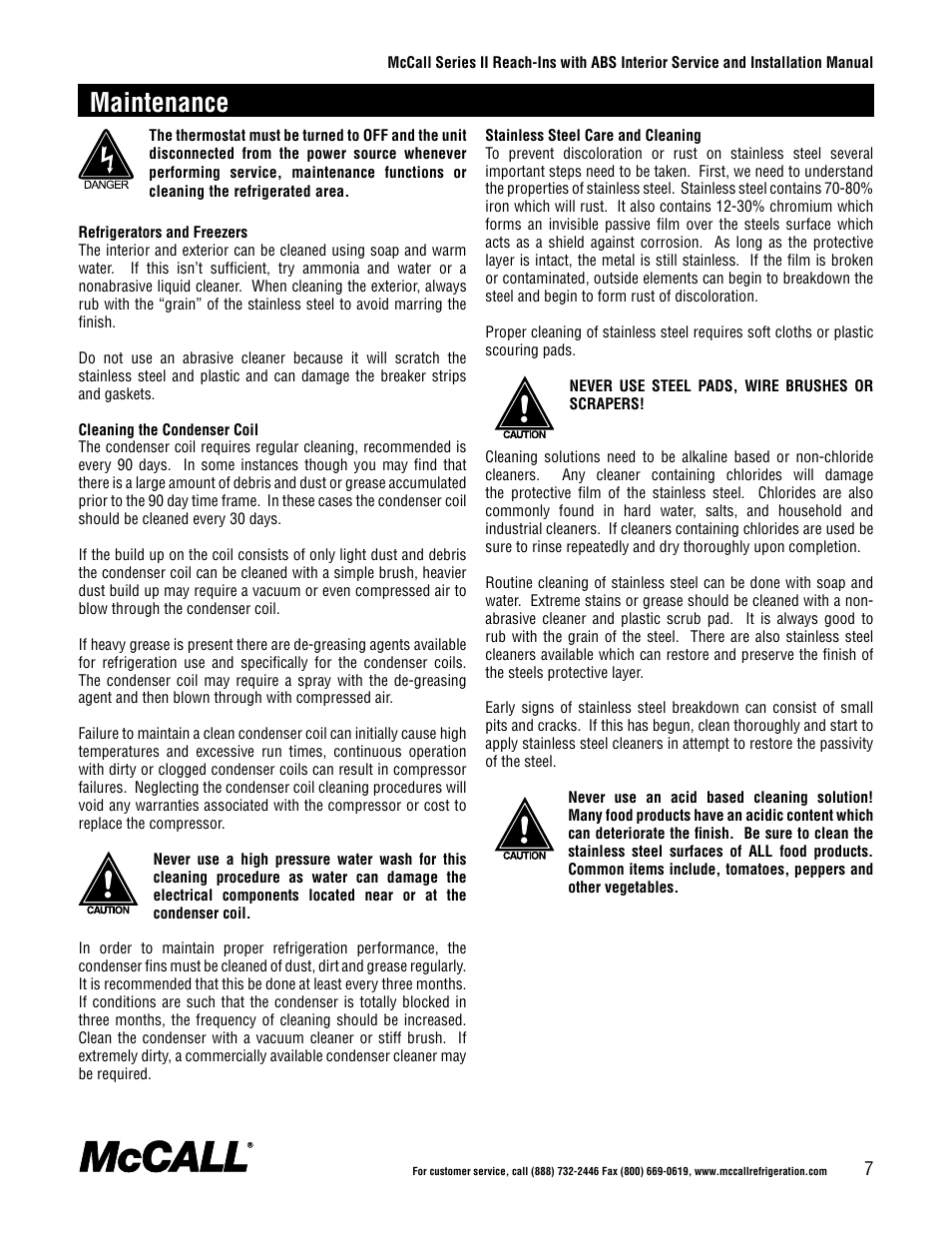 Maintenance | McCall Series II Reach-Ins with ABS Interior User Manual | Page 7 / 20