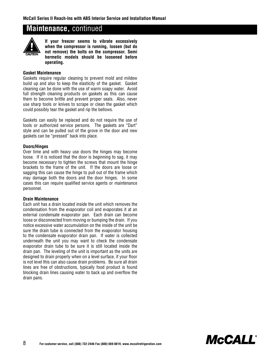 Maintenance, continued | McCall Series II Reach-Ins with ABS Interior User Manual | Page 8 / 20