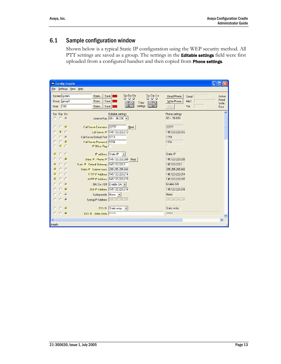 Sample configuration window, 1 sample configuration window | Avaya 3600 Series User Manual | Page 13 / 16