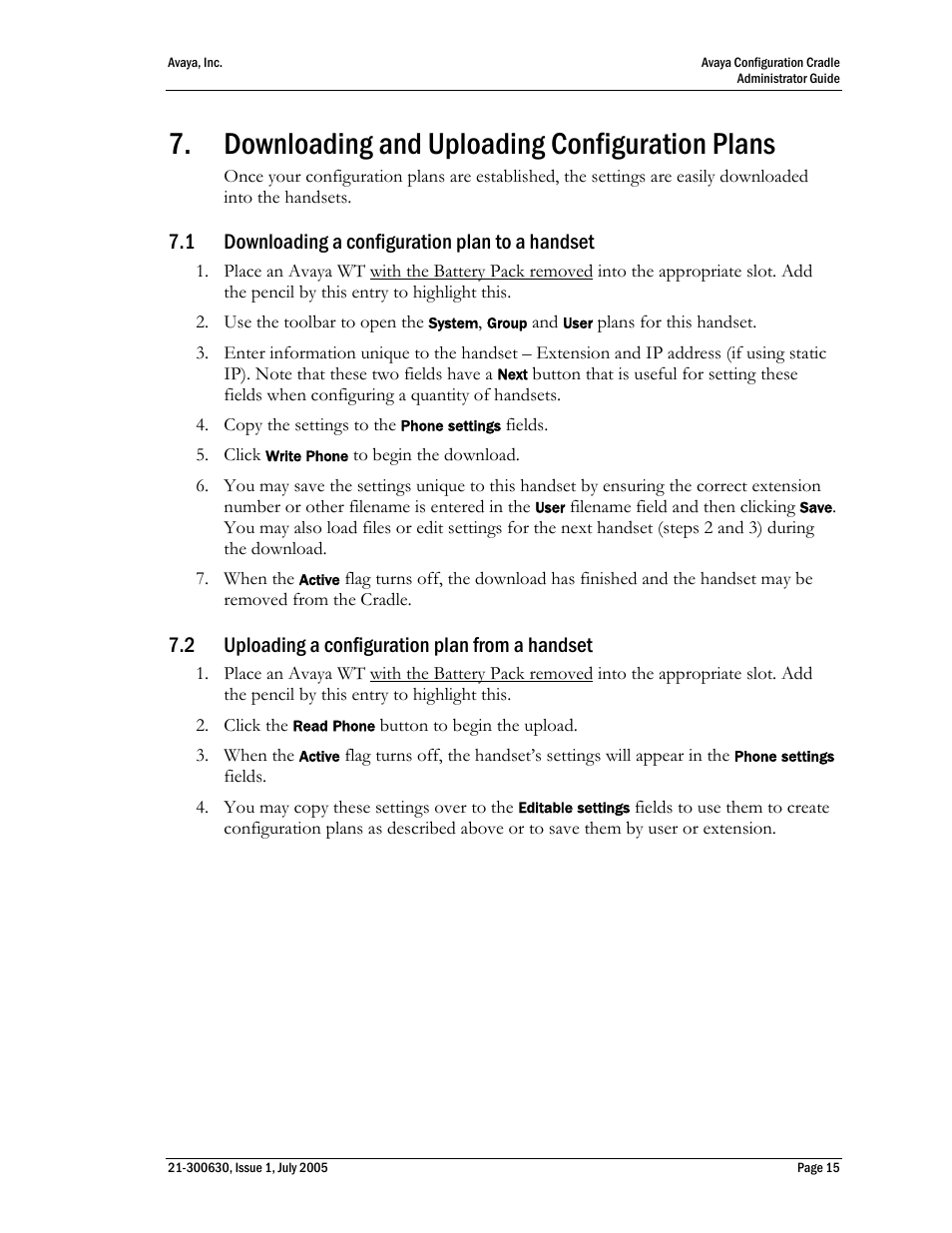 7 downloading and uploading configuration plans, Downloading a configuration plan to a handset, Uploading a configuration plan from a handset | Downloading and uploading configuration plans, 1 downloading a configuration plan to a handset, 2 uploading a configuration plan from a handset | Avaya 3600 Series User Manual | Page 15 / 16