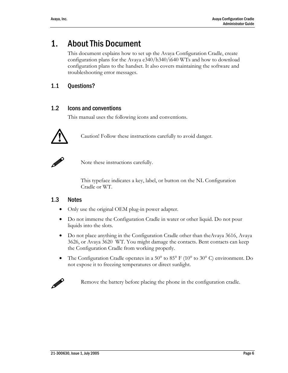 1 about this document, Questions, Icons and conventions | Notes, About this document | Avaya 3600 Series User Manual | Page 6 / 16