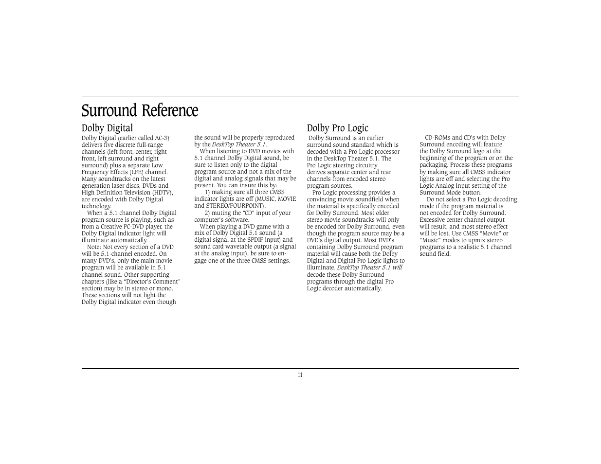 Surround reference, Dolby digital, Dolby pro logic | Cambridge SoundWorks Home Theater System User Manual | Page 14 / 19