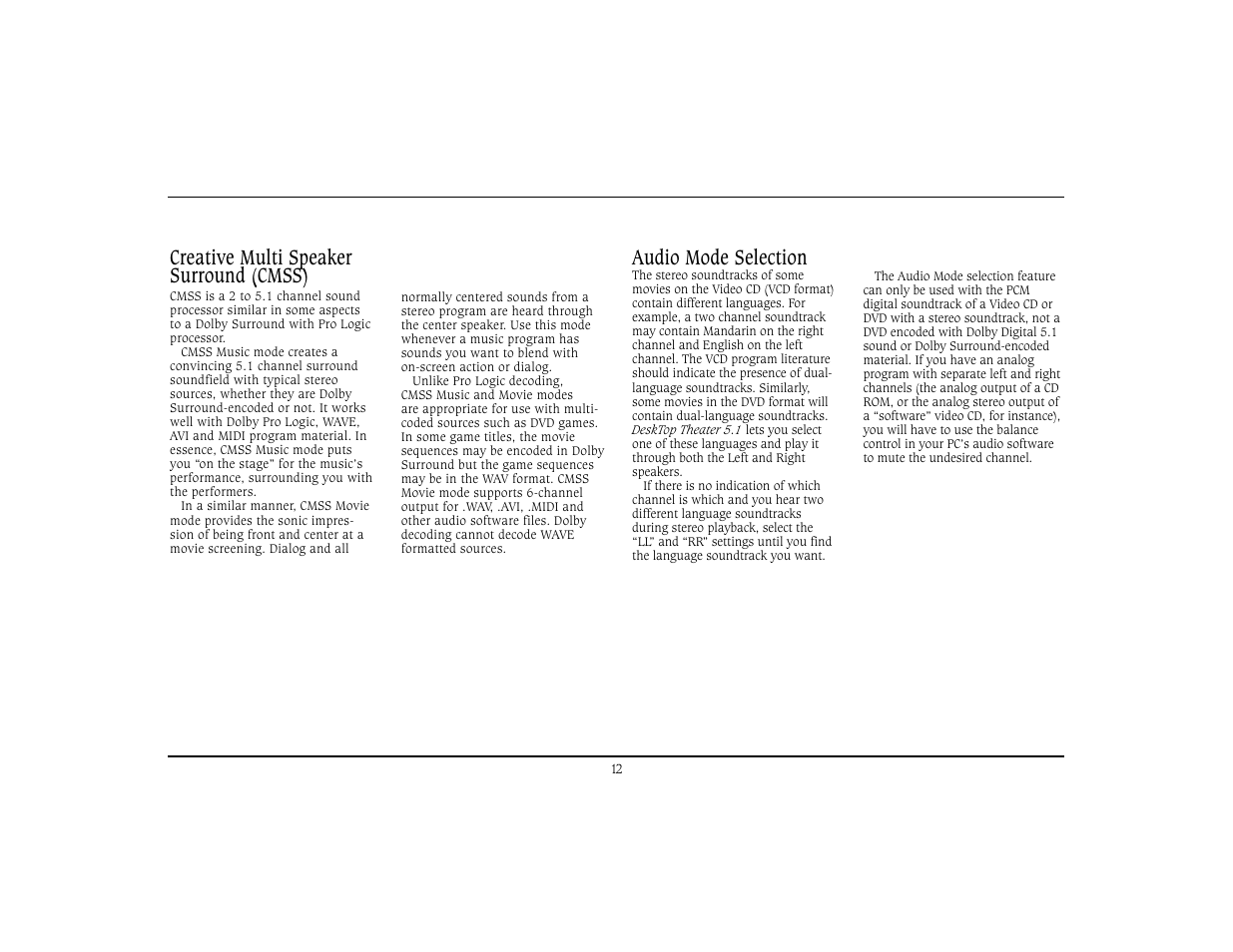 Creative multi speaker surround (cmss), Audio mode selection | Cambridge SoundWorks Home Theater System User Manual | Page 15 / 19