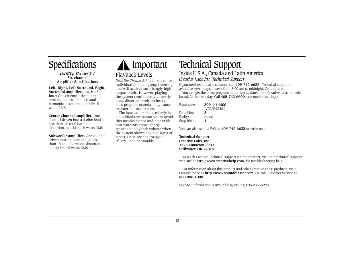Technical support, Specifications, Important | Inside u.s.a., canada and latin america, Playback levels | Cambridge SoundWorks Home Theater System User Manual | Page 16 / 19